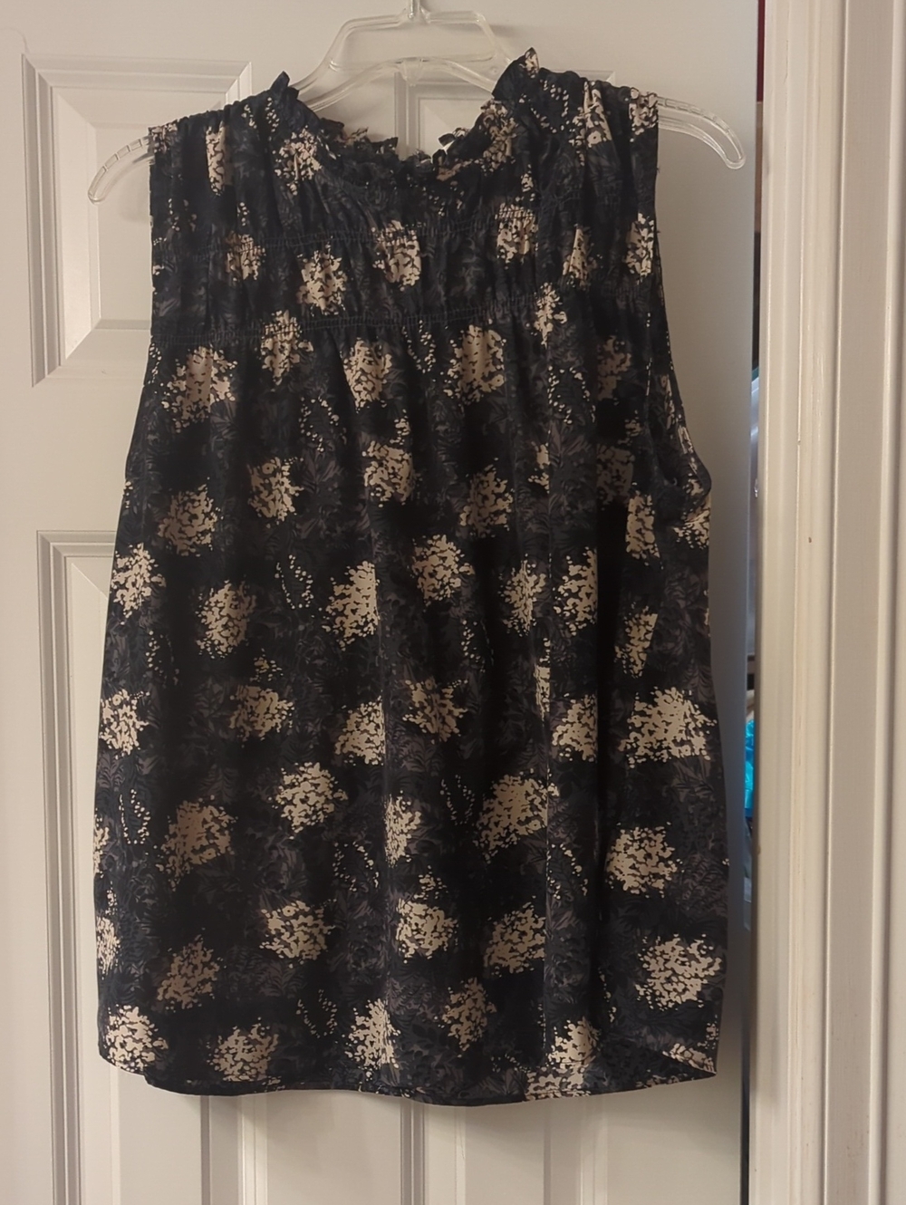 Joie Black and Cream Sleeveless Smocked Neck Floral Blouse